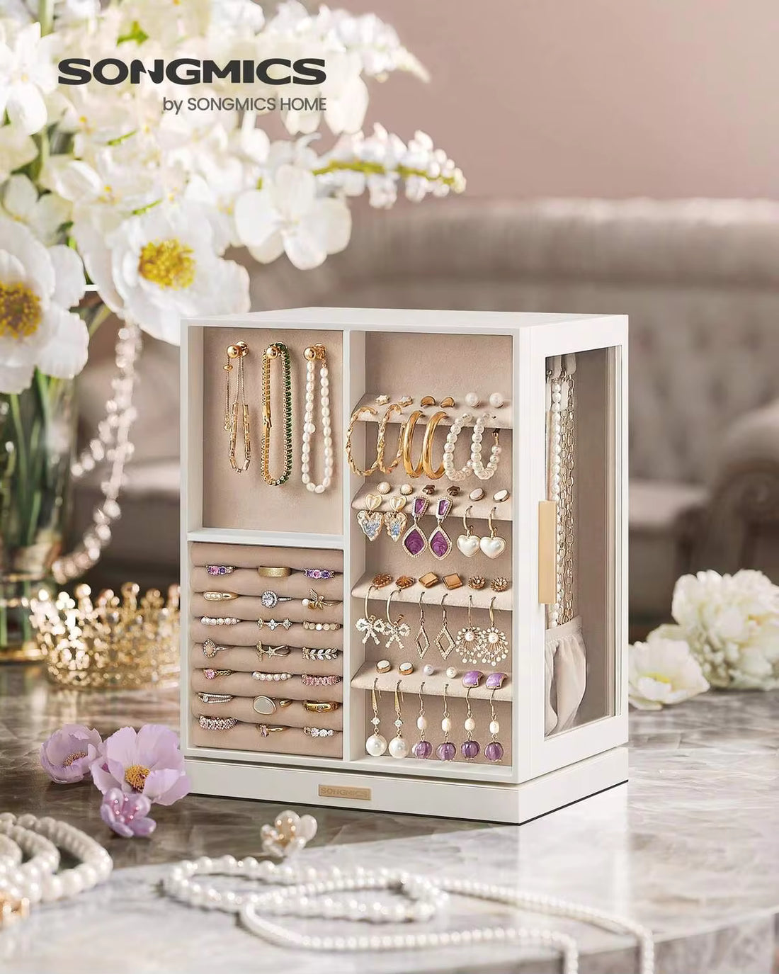 SONGMICS Jewelry Box 360° Rotating, Jewelry Storage Case With 5 Drawers, Jewelry Organizer, Glass Window, Spacious, Vertical Jewelry Storage, Open Design, Great Gift, Cloud White, Graphite Black, Forest Green, Slate Gray Valentine Day